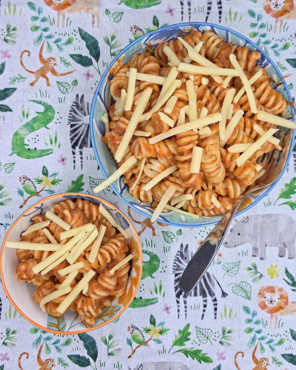 Roasted Vegetable Tomato Sauce tossed through cooked pasta. Served in bowls with a sprinkle of grated cheese. Fork.